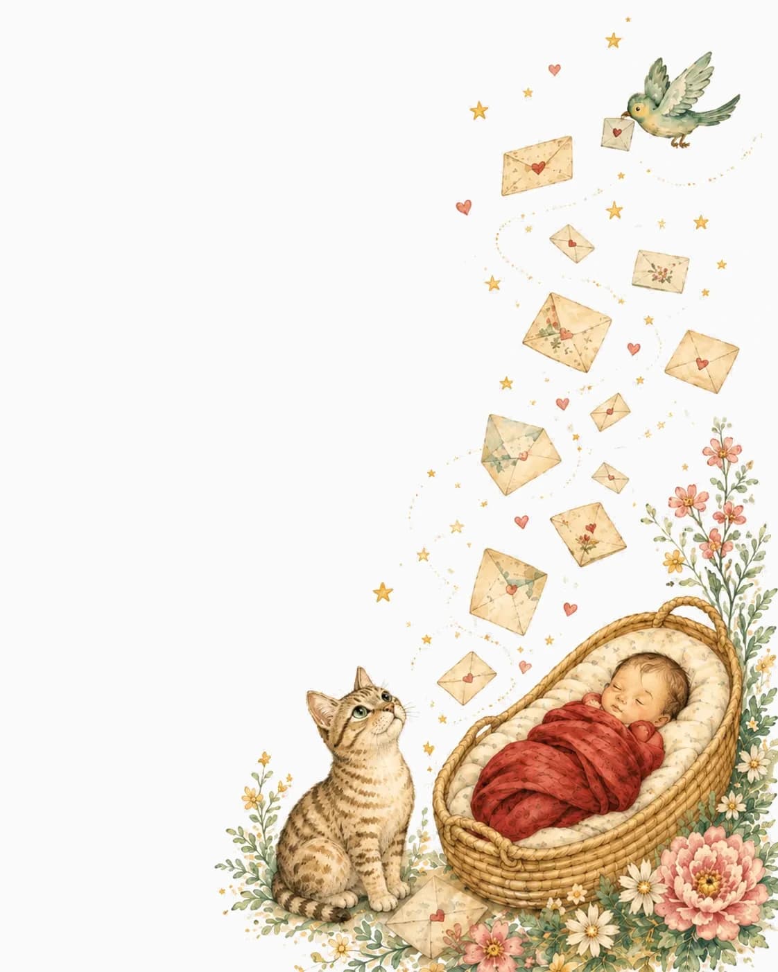 Senna the cat watching love letters drift down toward baby Helena, asleep in a basket among wildflowers