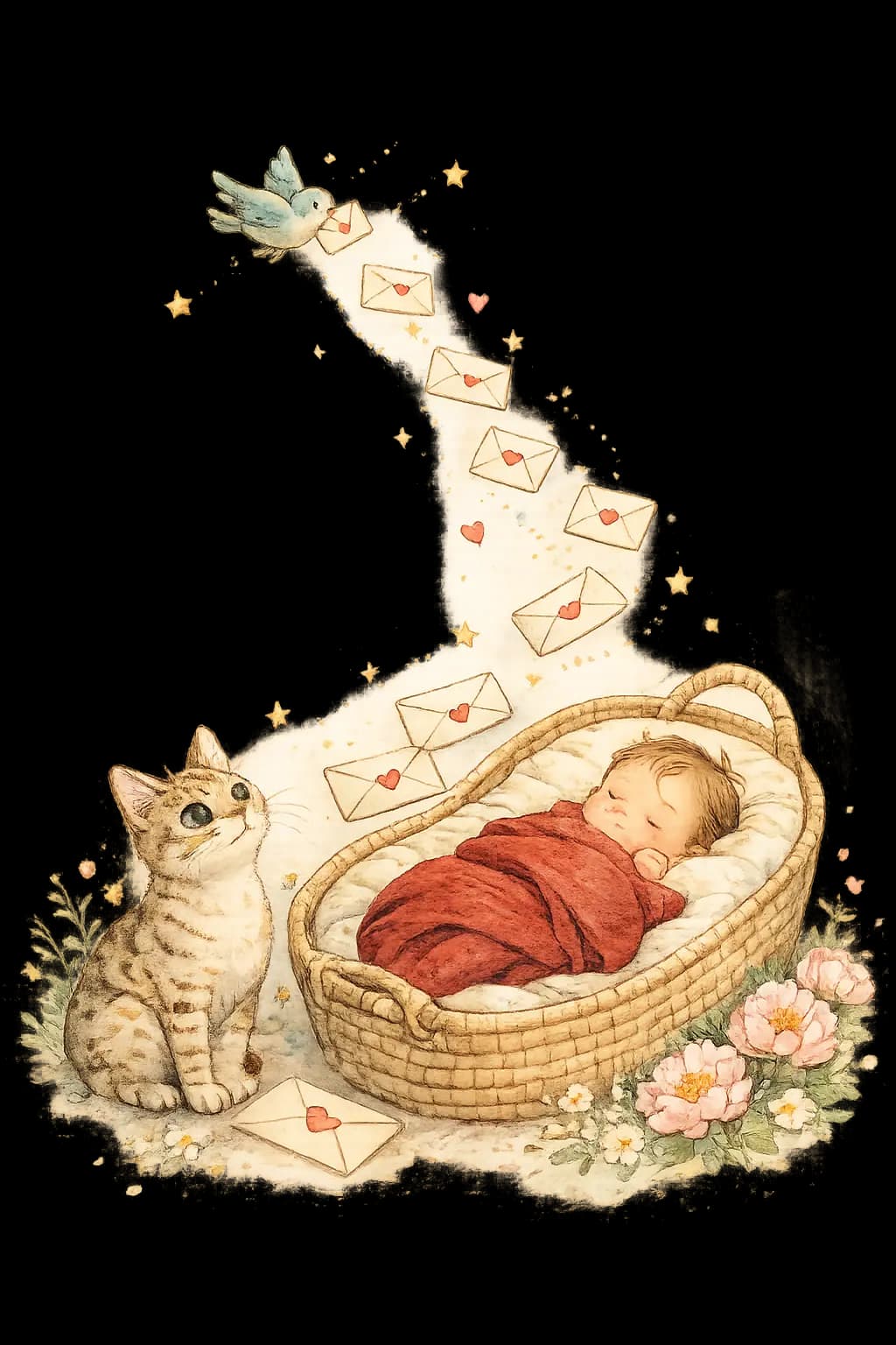 Senna the cat watching love letters drift down toward baby Helena, asleep in a basket among wildflowers