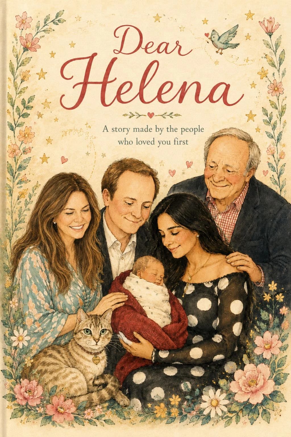 Working cover of Dear Helena: the family and Senna the cat, drawn as storybook characters, gathered around baby Helena