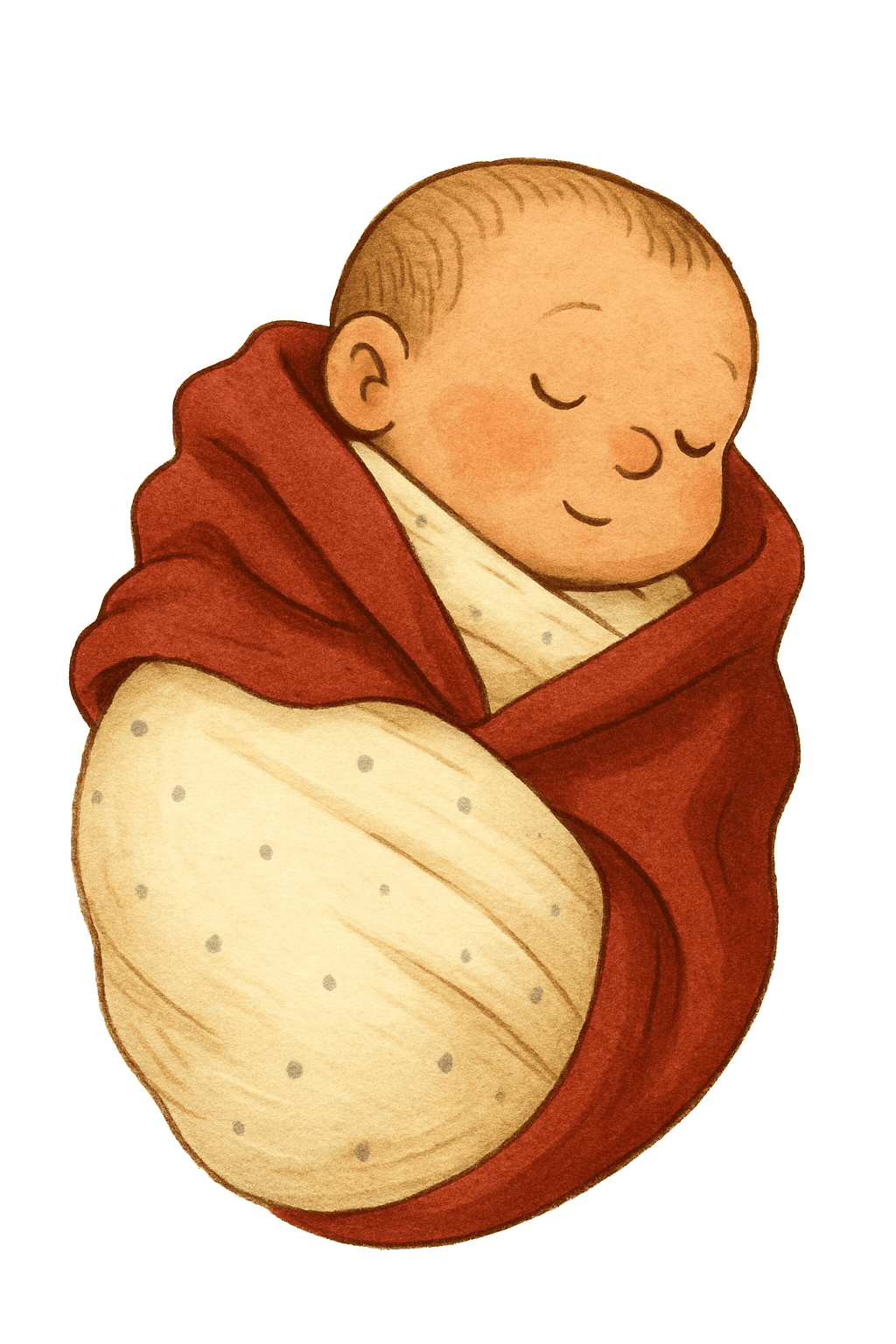 Baby Helena asleep in her crib, wrapped in a red knit blanket