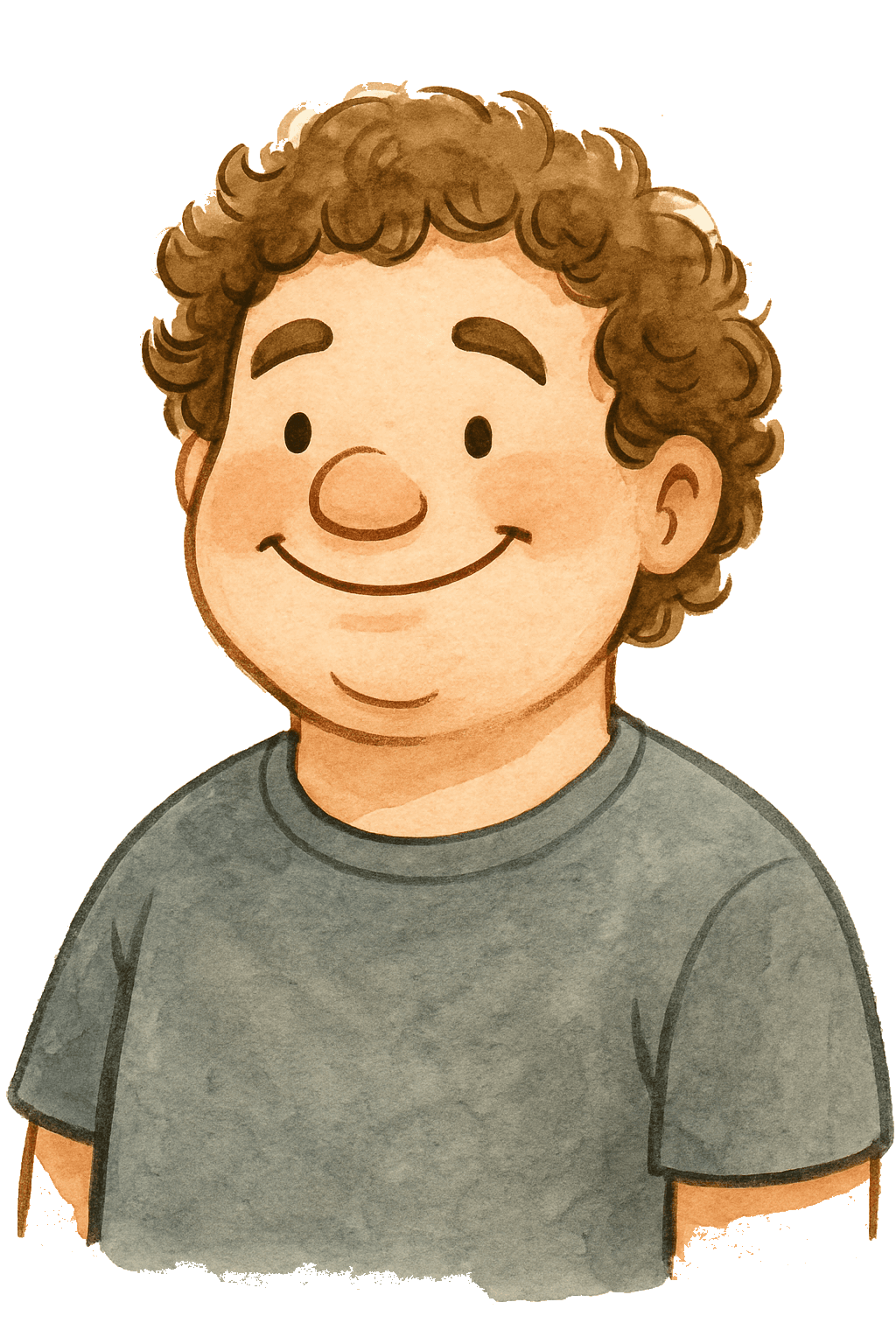 Riley, drawn as a storybook character in a grey tee