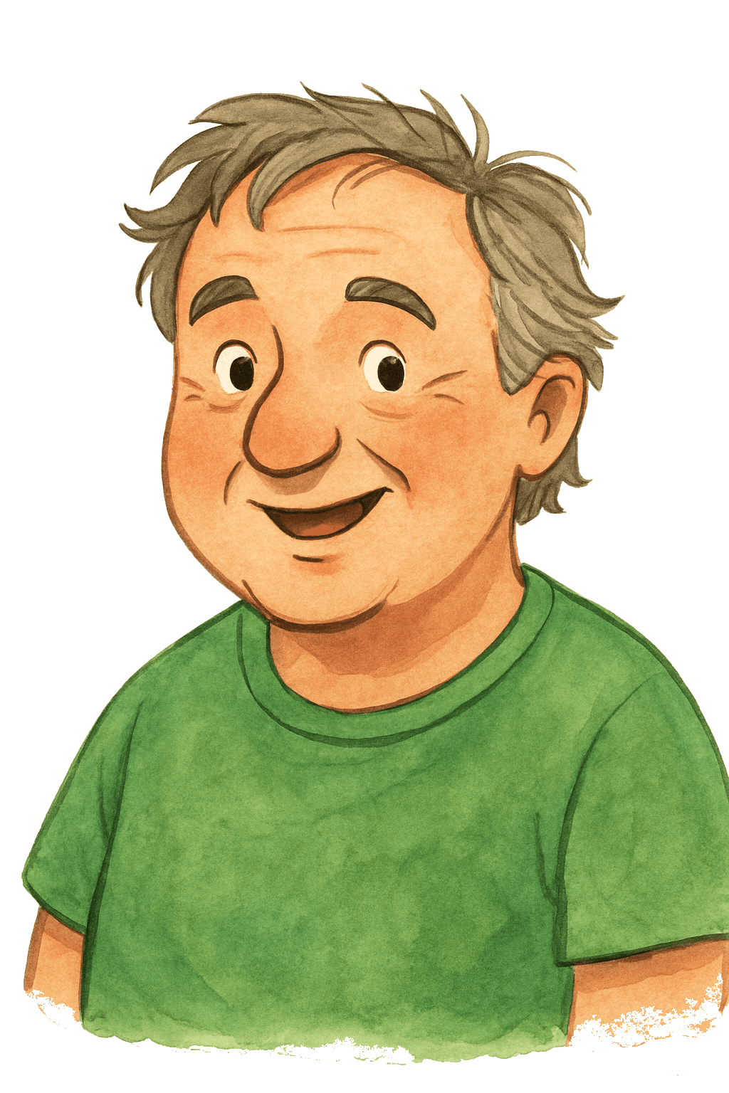 Uncle Shred, as a storybook character in a green tee